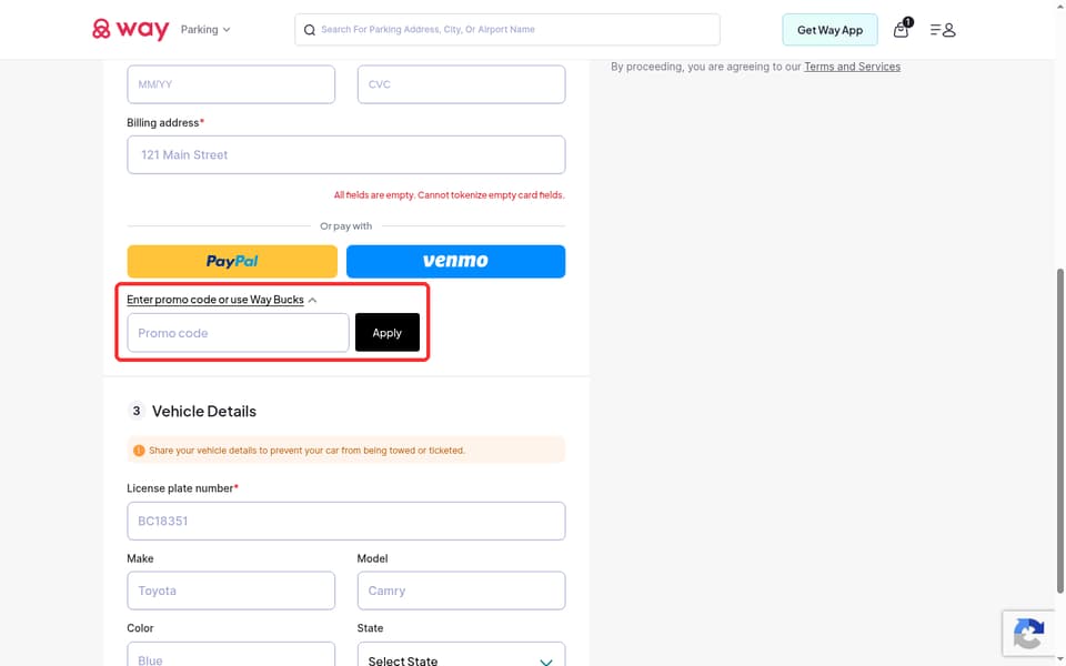 Way checkout page showing the Promo code field and Apply button