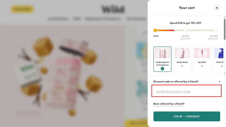 Wild checkout page showing the Enter Discount Code field and Apply button