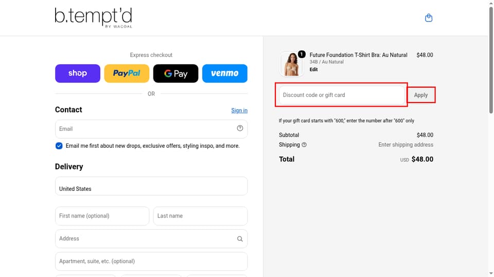 Wear Lively checkout page showing the Discount code or gift card field and Apply button