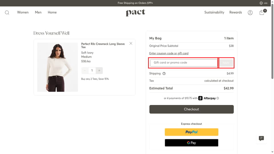 Pact checkout page showing the Gift card or promo code field and Apply button