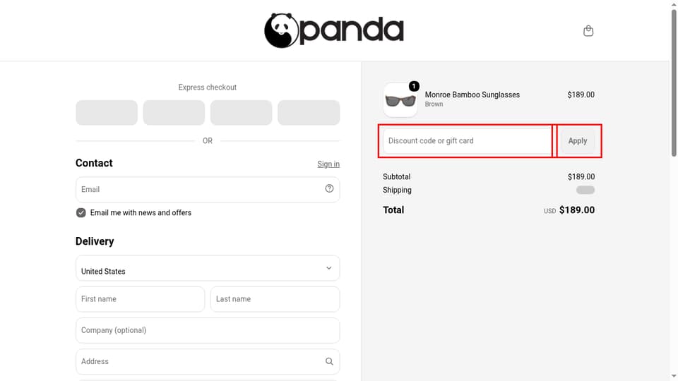 Panda Sunglasses checkout page showing the Discount code or gift card field and Apply button
