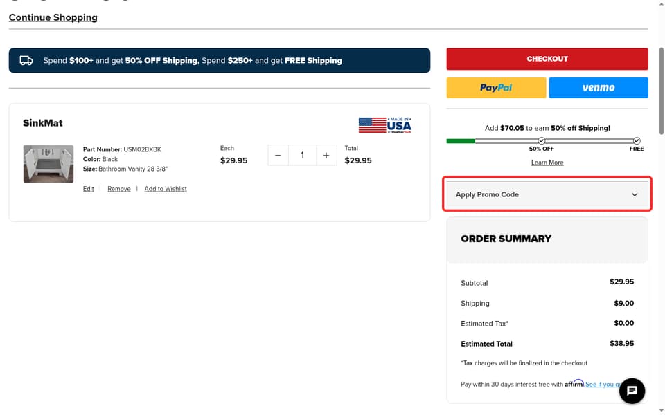 WeatherTech checkout page showing the Enter Promo Code field and Submit button