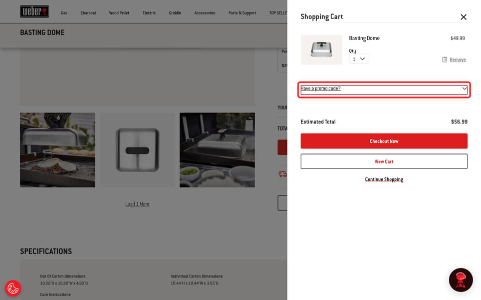 Weber checkout page showing the Promo Code field and Apply button