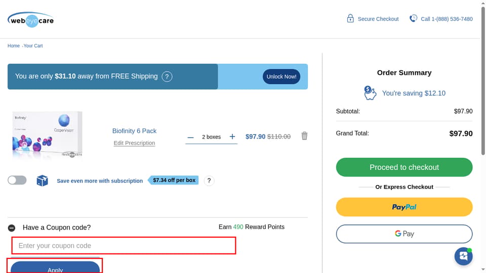 WebEyeCare checkout page showing the Enter your coupon code field and Apply button