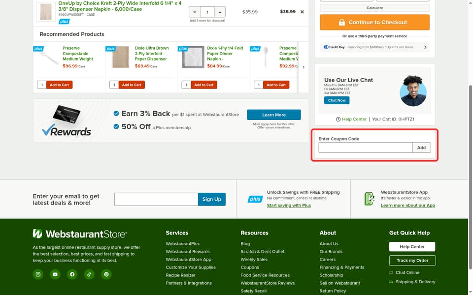 WebstaurantStore checkout page showing the Enter Coupon Code field and Add button
