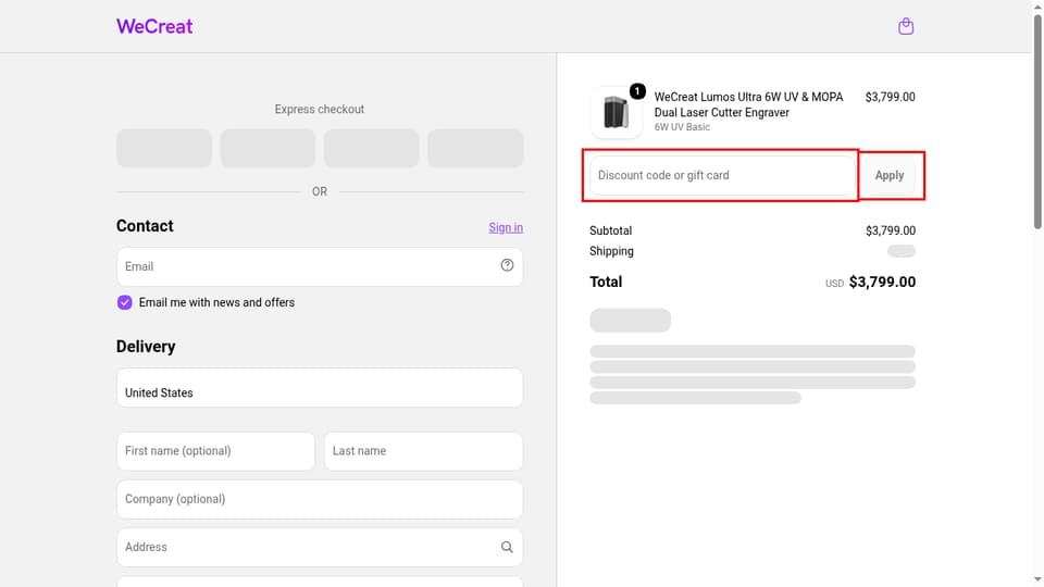 WeCreat checkout page showing the Discount code or gift card field and Apply button