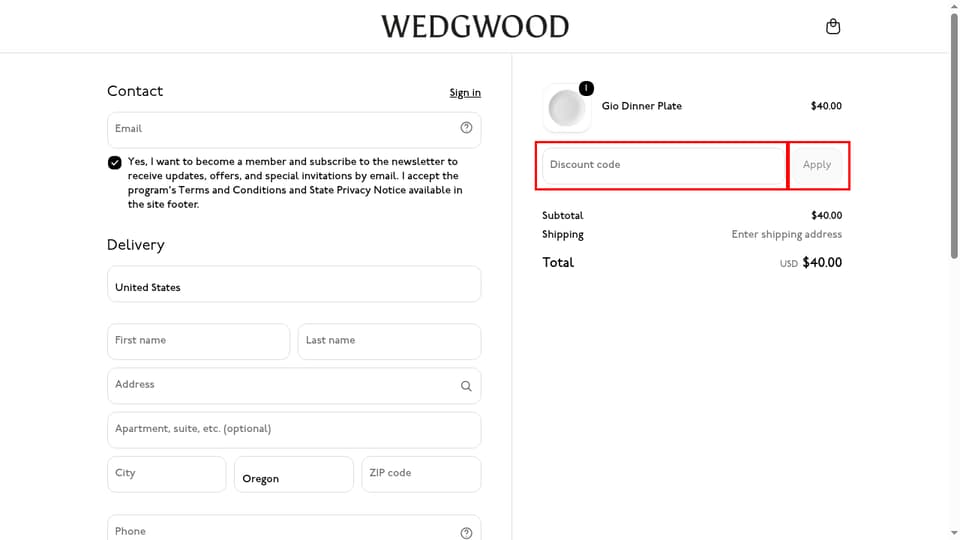 Wedgwood checkout page showing the Discount code field and Apply button