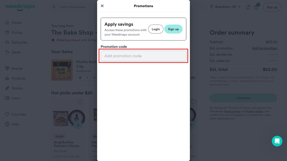 Weedmaps checkout page showing the Add promotion code field and Apply button