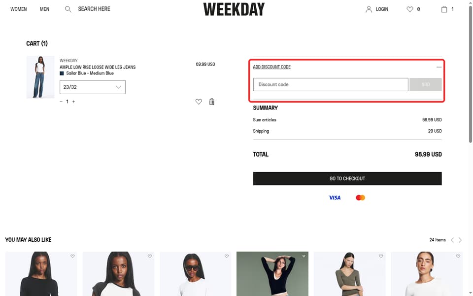 Weekday checkout page showing the Discount code field and ADD button