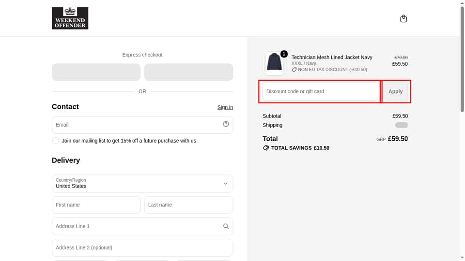 Weekend Offender checkout page showing the Discount code or gift card field and Apply button