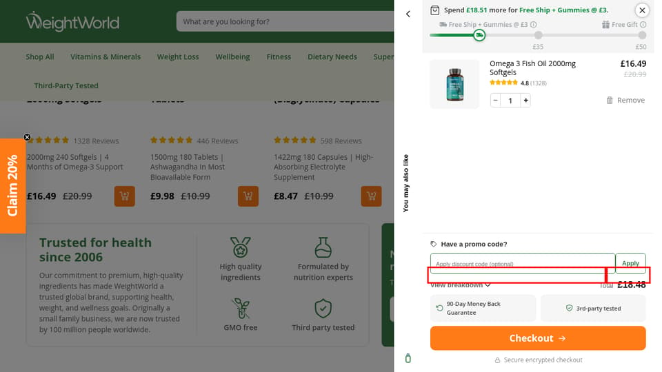 WeightWorld checkout page showing the Apply discount code (optional) field and Apply button