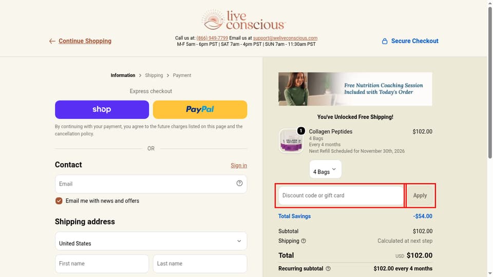 Live Conscious checkout page showing the Discount code or gift card field and Apply button