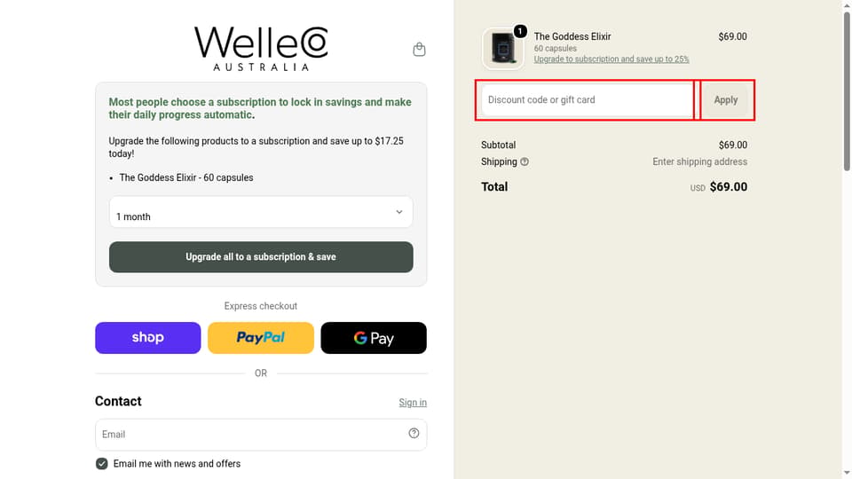 WelleCo checkout page showing the Discount code or gift card field and Apply button