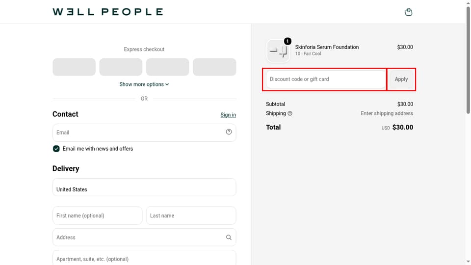 Well People checkout page showing the Discount code or gift card field and Apply button