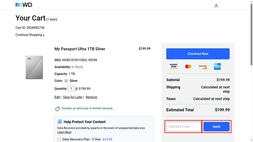 Western Digital checkout page showing the Discount Code field and Apply button
