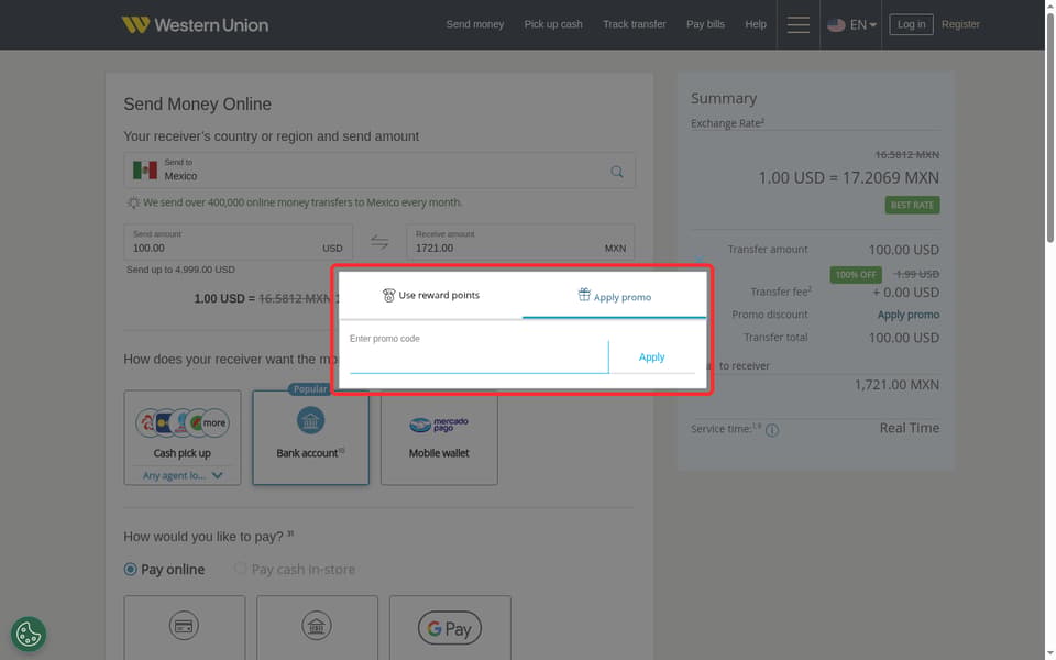Western Union checkout page showing the Enter promo code field and Apply button