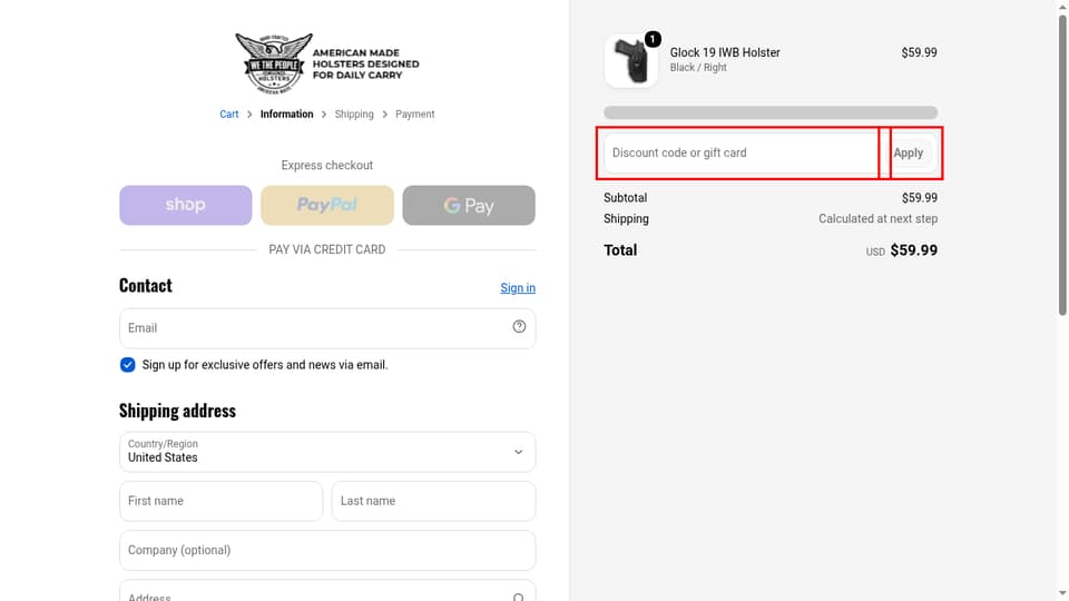 We The People Holsters checkout page showing the Discount code or gift card field and Apply button