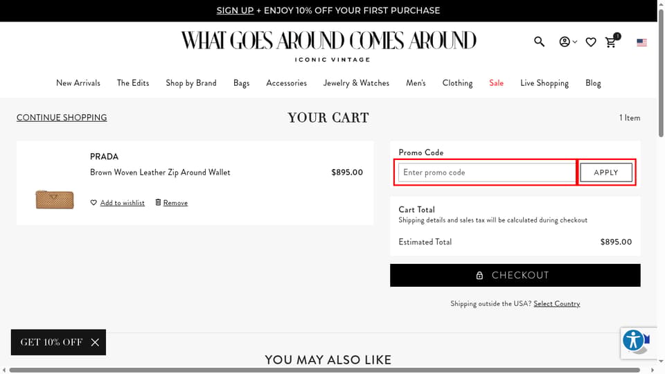 What Goes Around Comes Around checkout page showing the Enter promo code field and Apply button