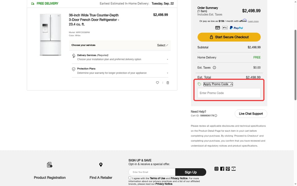 Whirlpool checkout page showing the Enter Promo Code field and Apply button