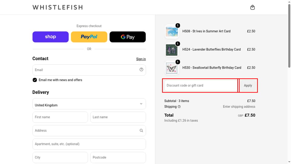 Whistlefish checkout page showing the Discount code or gift card field and Apply button