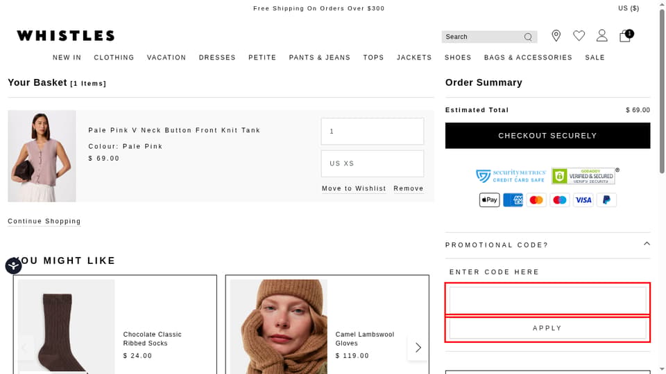 Whistles checkout page showing the Enter code here field and Apply button