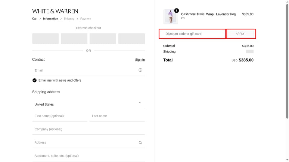 White + Warren checkout page showing the Discount code or gift card field and Apply button