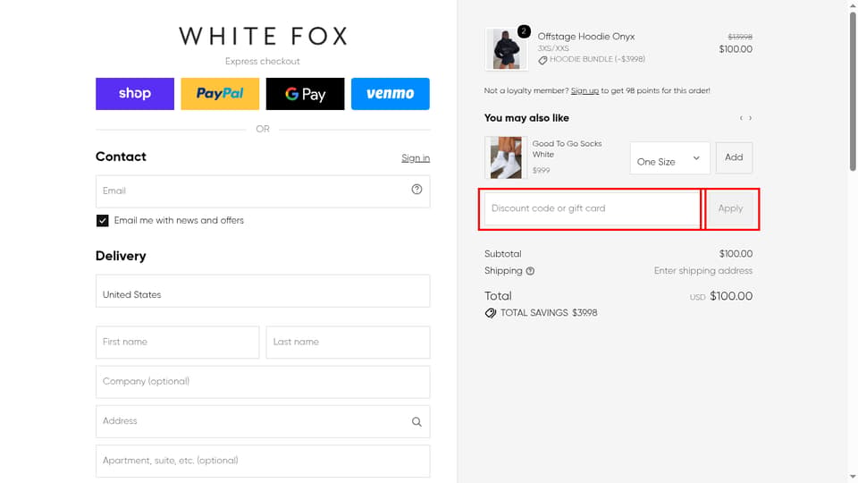 White Fox Boutique checkout page showing the Discount code or gift card field and Apply button