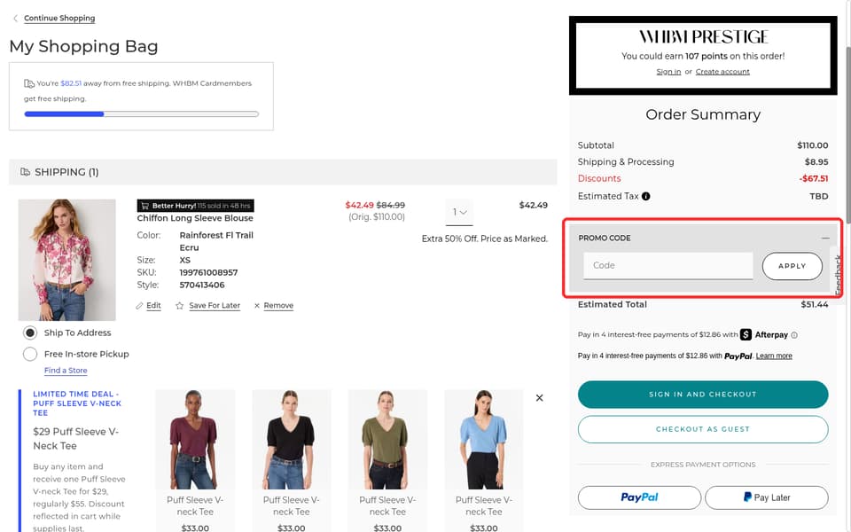 White House Black Market checkout page showing the Code field and Apply button