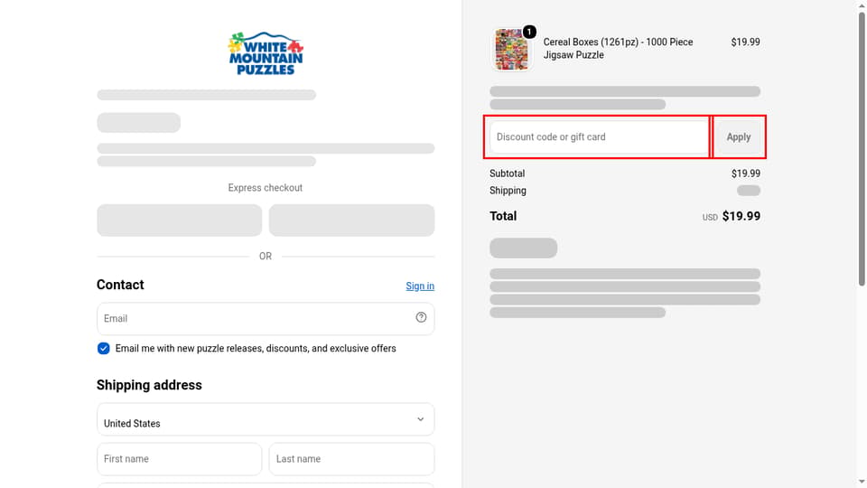 White Mountain Puzzles checkout page showing the Discount code or gift card field and Apply button