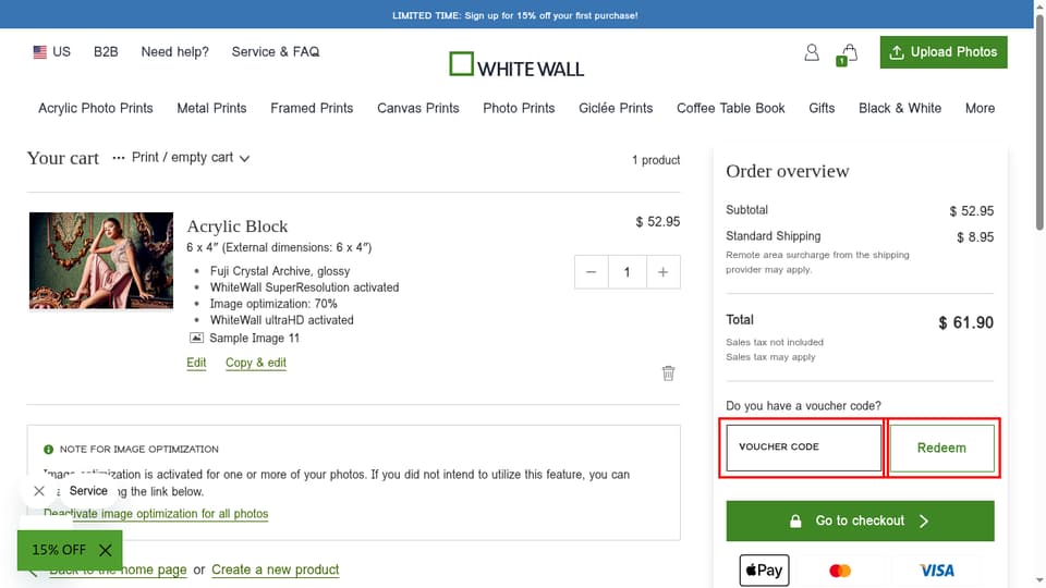 WhiteWall checkout page showing the Voucher code field and Redeem button