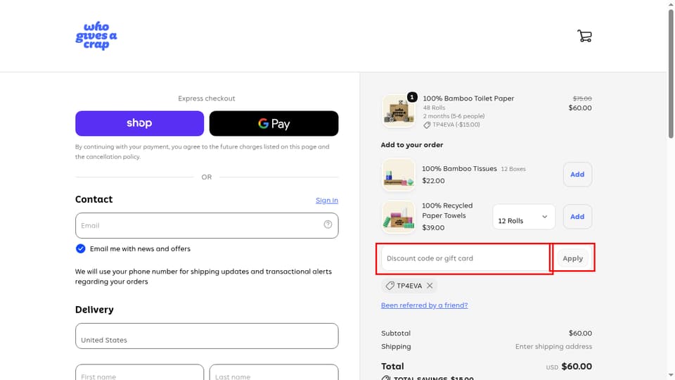 Who Gives A Crap checkout page showing the Discount code or gift card field and Apply button