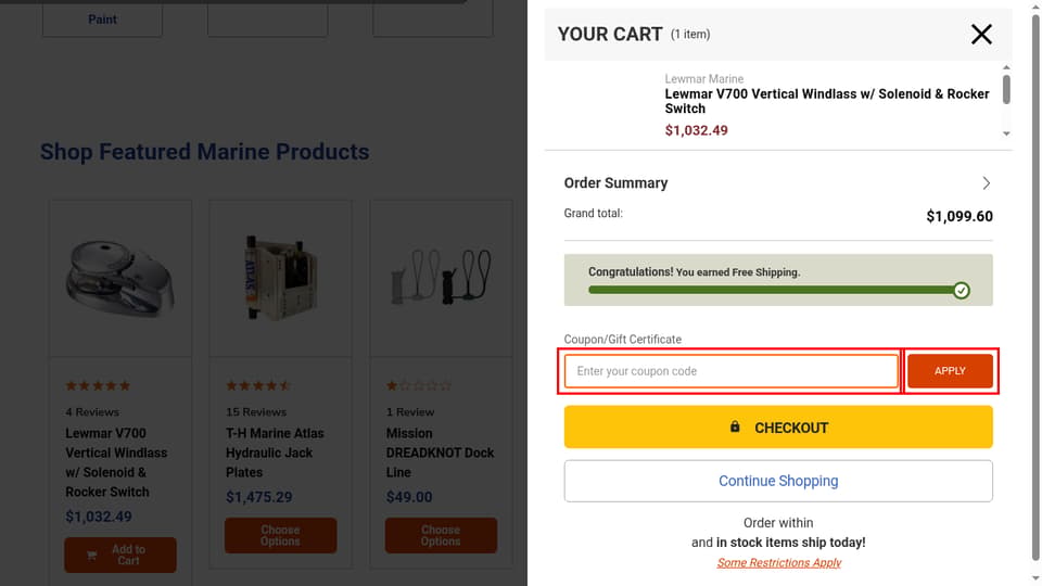 Wholesale Marine checkout page showing the Enter your coupon code field and APPLY button