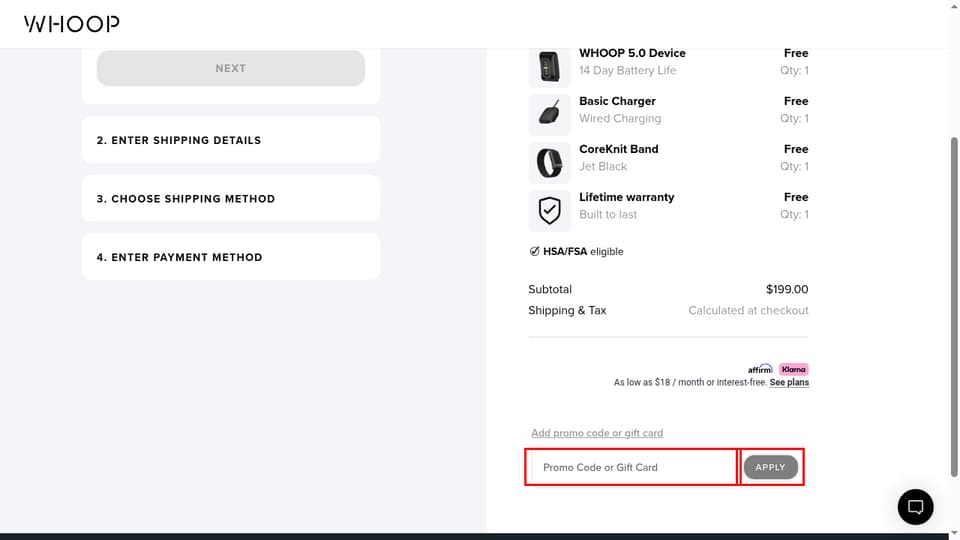 Whoop checkout page showing the Promo Code or Gift Card field and Apply button