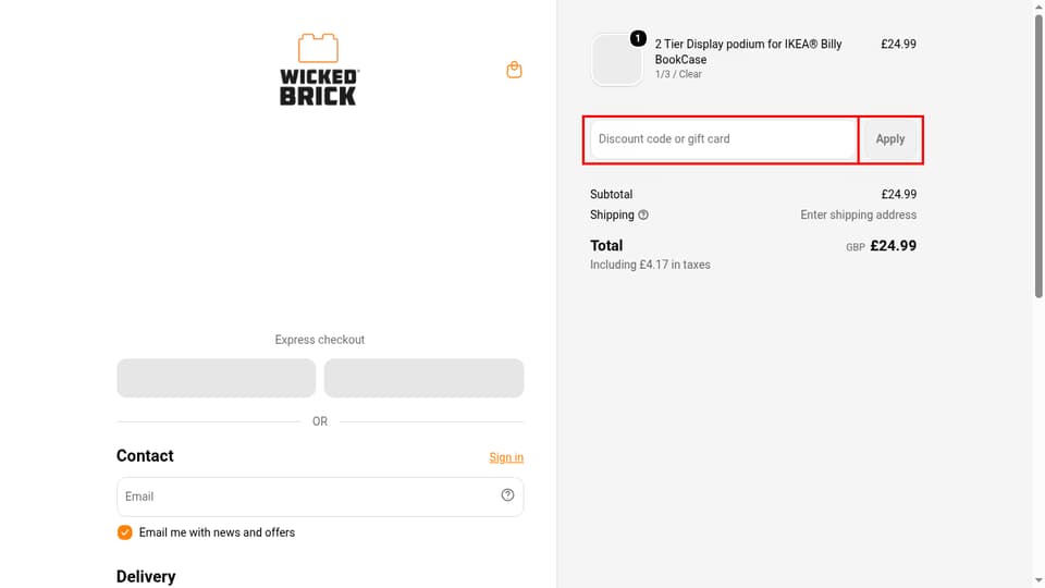 Wicked Brick checkout page showing the Discount code or gift card field and Apply button