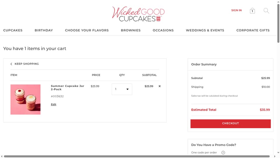 Wicked Good Cupcakes checkout page showing the Promo Code field and Apply button