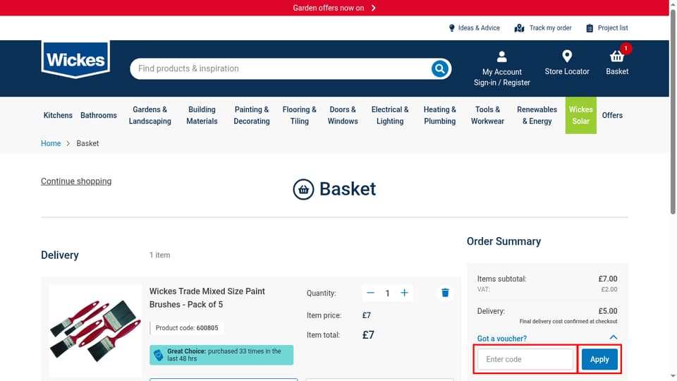 Wickes checkout page showing the Enter code field and Apply button