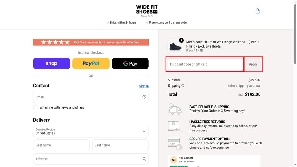 Wide Fit Shoes checkout page showing the Discount code or gift card field and Apply button