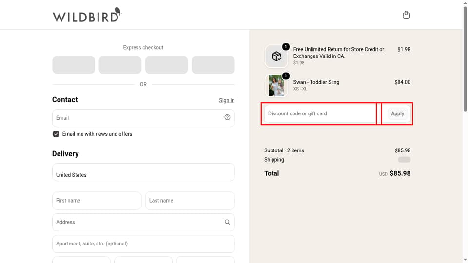 WildBird checkout page showing the Discount code or gift card field and Apply button