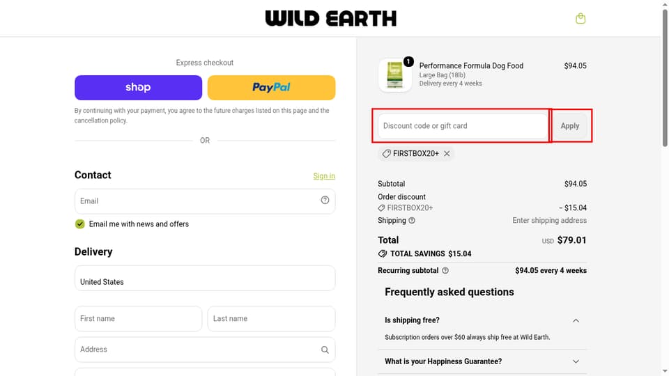 Wild Earth checkout page showing the Discount code or gift card field and Apply button