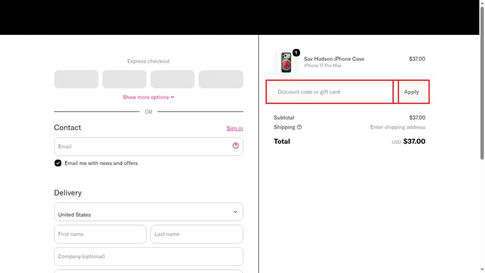 Wildflower Cases checkout page showing the Discount code or gift card field and Apply button