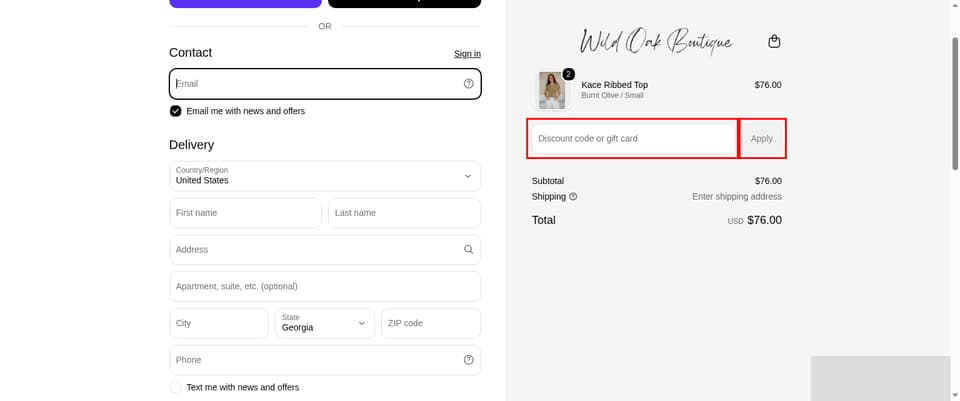 Wild Oak Boutique checkout page showing the 