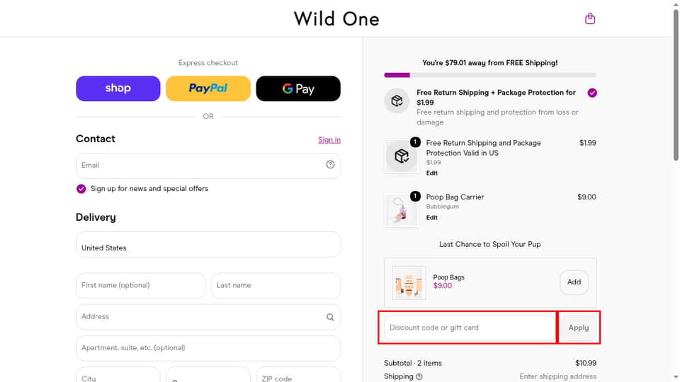 Wild One checkout page showing the Discount code or gift card field and Apply button