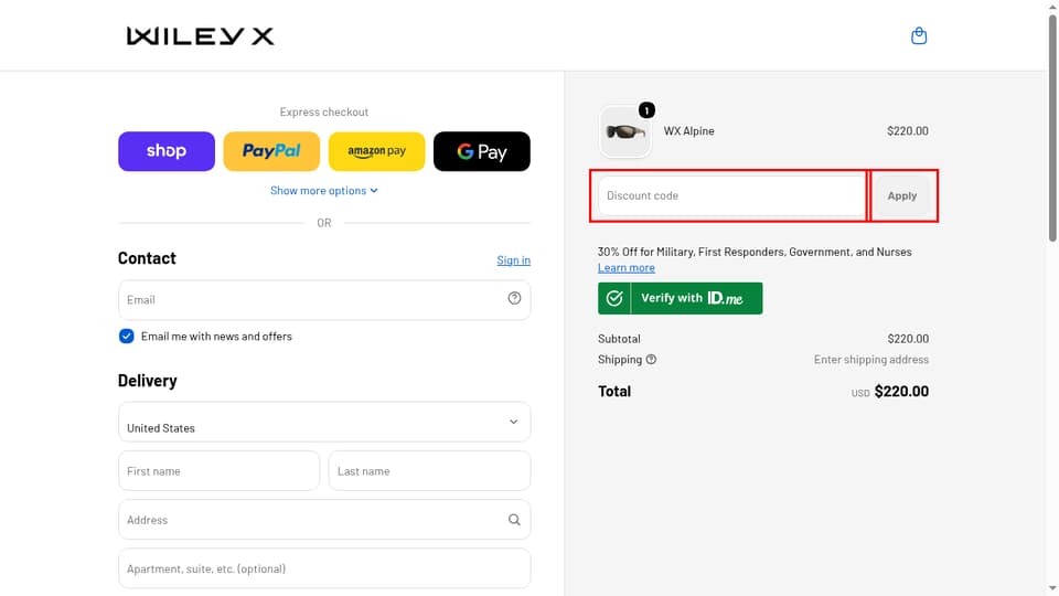 Wiley X checkout page showing the Discount code field and Apply button