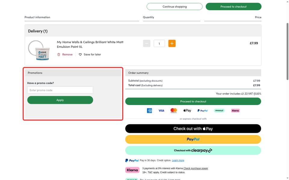 Wilko checkout page showing the Enter promo code field and Apply button
