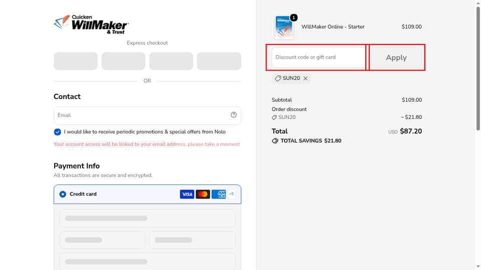 Quicken WillMaker & Trust by Nolo checkout page showing the Discount code or gift card field and Apply button