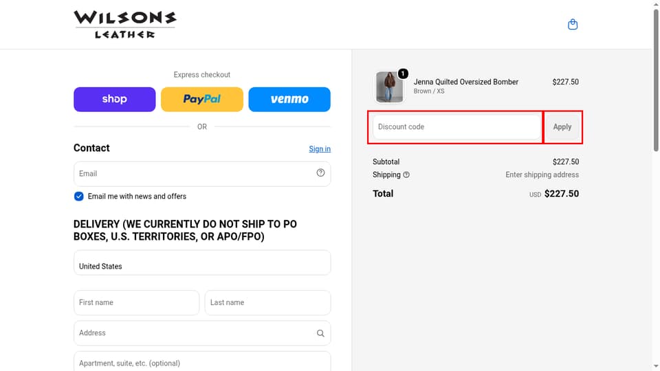 Wilsons Leather checkout page showing the Discount code field and Apply button