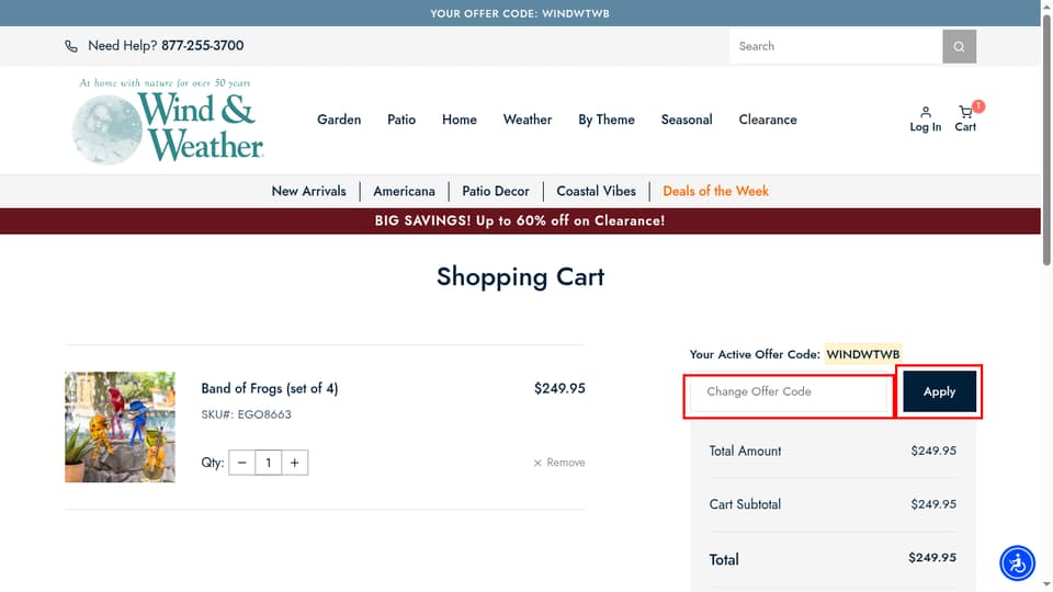 Wind & Weather checkout page showing the Change Offer Code field and Apply button