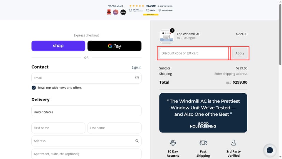 Windmill checkout page showing the Discount code or gift card field and Apply button