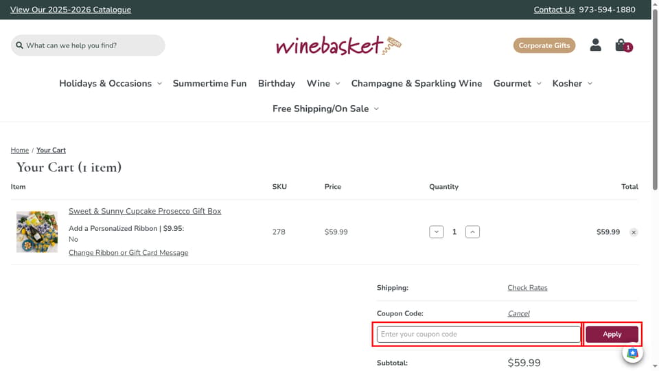 Winebasket.com checkout page showing the Enter your coupon code field and Apply button