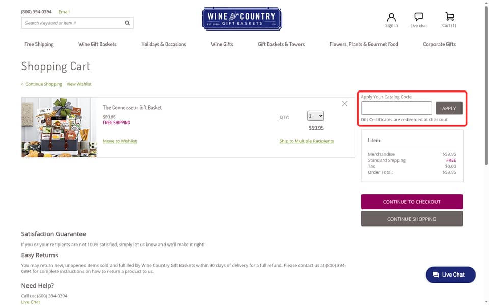 Wine Country Gift Baskets checkout page showing the Apply Your Catalog Code field and APPLY button